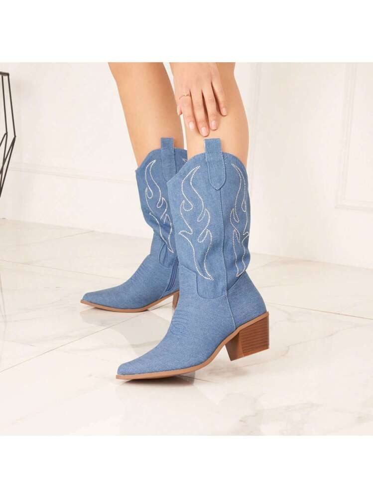 Dames effen zijrits dikke hak eenvoudige enkellaarsjes, casual dagelijkse kleding | SHEIN