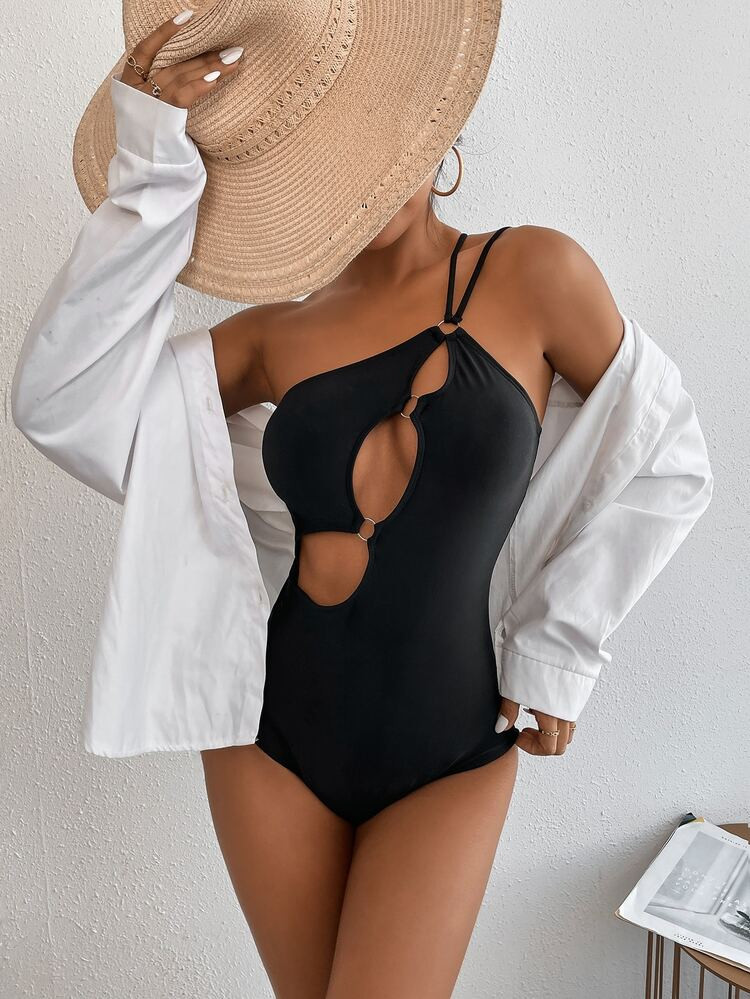 Cut-out Ring Linked One Shoulder One Piece Swimsuit | SHEIN