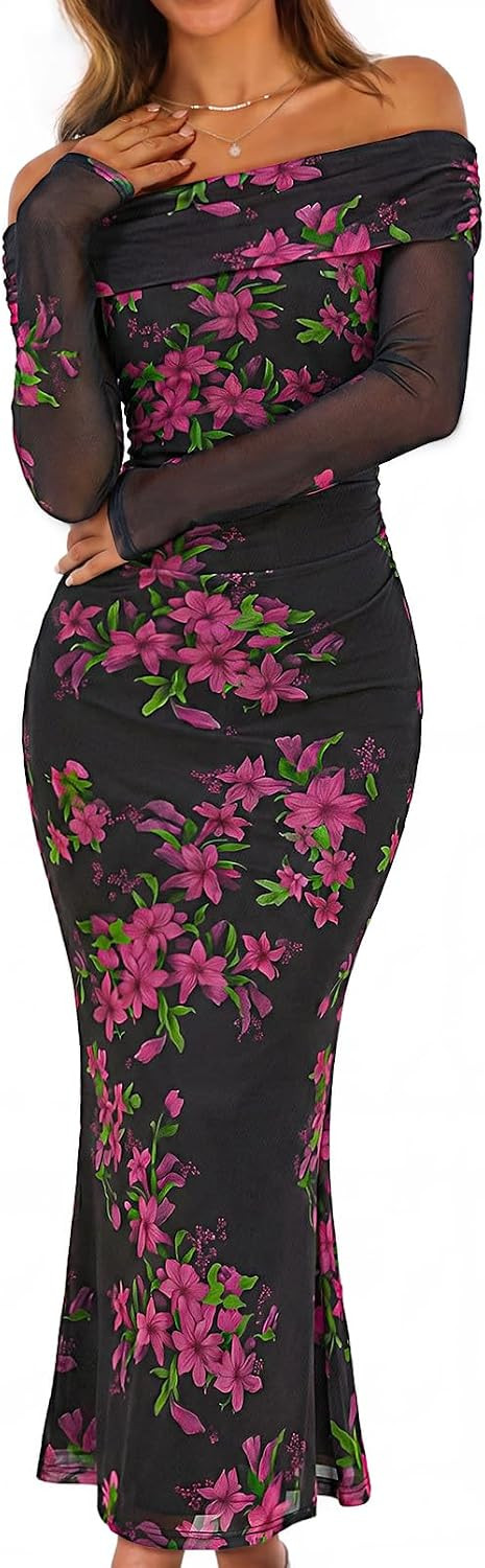 MEROKEETY Womens Fall Off Shoulder Floral Bodycon Wedding Guest Maxi Dress | Amazon (US)
