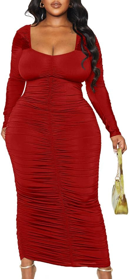 LAGSHIAN Womens Sexy Plus Size Long Sleeve Bodycon Ruched Square Neck Party Long Dress | Amazon (US)