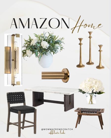 Amazon home decor and furniture with a organic modern look! Gold candlestick, gold wall sconce, lighting, marble coffee table, woven bench and counter stool, floral arrangement, spring flowers

#LTKhome #LTKSeasonal #LTKsalealert