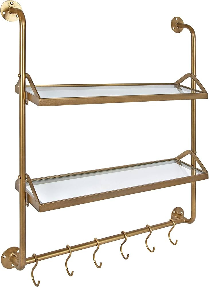 Kate and Laurel Marit Modern Industrial Wall Shelf with Metal Pipe Supports and Glass Shelves, Go... | Amazon (US)