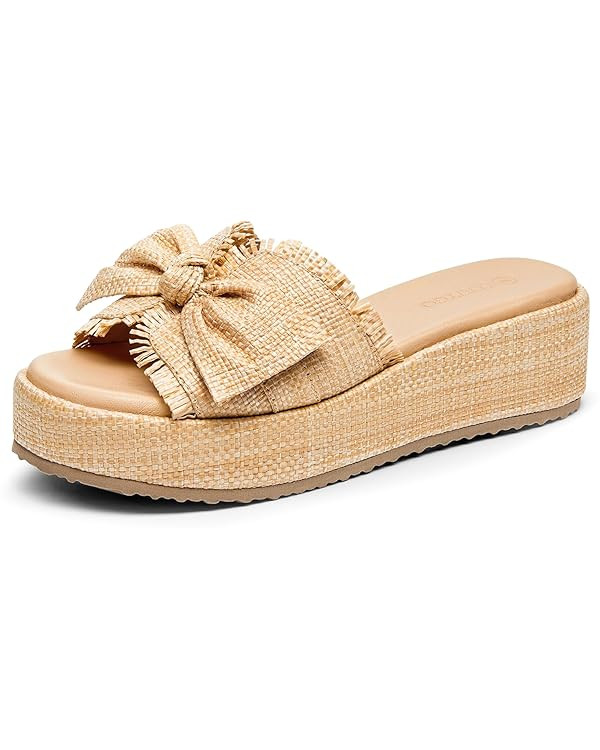 Coutgo Womens Platform Wedge Sandals Bow Open Toe Slide Sandals Straw Slip On Summer Beach Shoes | Amazon (US)