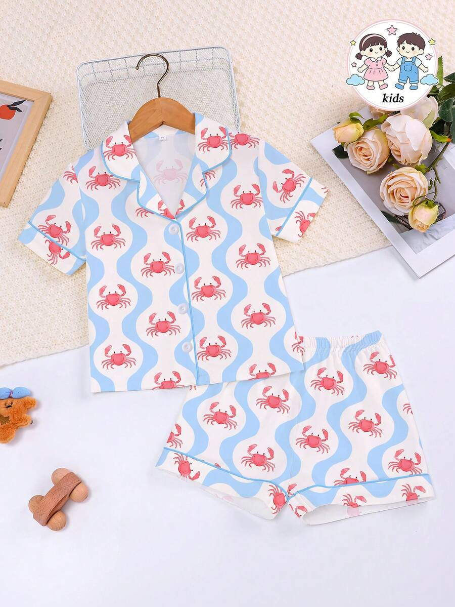 2pcs Girls Summer Pajama Set, Casual Holiday Summer, Ocean Element Printed Design, Lapel Button C... | SHEIN