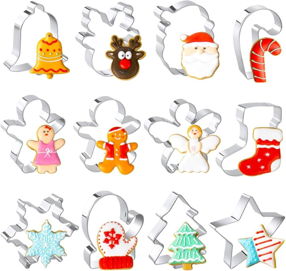 Christmas Cookie Cutters Set, 12 Pieces Stainless Steel Metal Christmas Cookie Cutters Shapes - G... | Amazon (US)