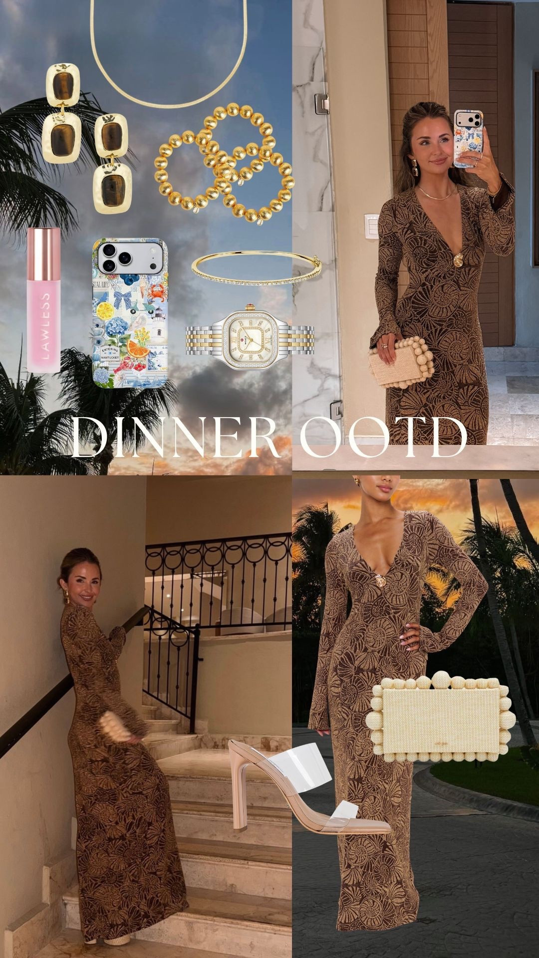 wearing size xs 🤎🐆 

brown maxi dress, fitted long sleeve dress, deep v neckline dress, printed maxi dress, neutral outfit, resort dinner outfit, vacation dinner outfit, resortwear outfit, euro summer style, mexico outfit, coastal chic, classy evening outfit, elegant vacation style, beach to dinner look, feminine silhouette, sleek maxi dress, date night outfit, summer night outfit, chic neutral tones, statement gold jewelry, gold accessories, chunky bracelets, drop earrings, dainty necklace, woven clutch, straw clutch, beaded bag, clear heels, nude heels, minimalist heels, vacation accessories, luxury resort wear, sunset outfit, tropical evening look, outfit inspo, ootd inspo 

#LTKTravel #LTKootd #LTKgrwm