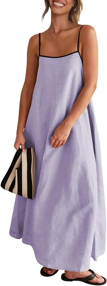 Senllen Women's Linen Dress Summer Loose Flowy Sundress Contrast Spaghetti Strap Sleeveless Backl... | Amazon (US)