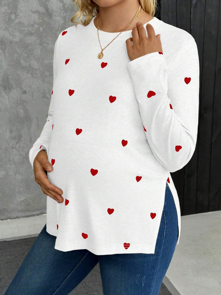 SHEIN Pregnant Women Casual Heart Print Side Slit T-Shirt, Autumn | SHEIN
