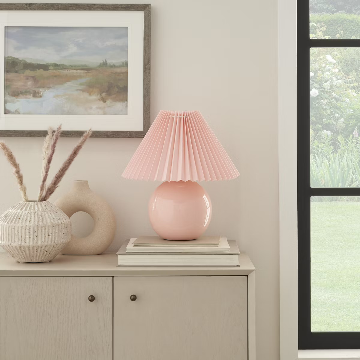 Nourison 13" Pink Ceramic Round Accent Lamp with Pleated Shade | Target