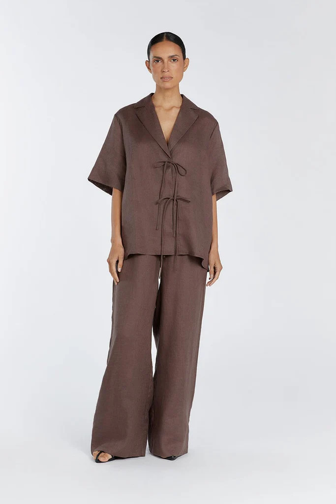 EMELIA CHOCOLATE LINEN WRAP SHIRT | DISSH