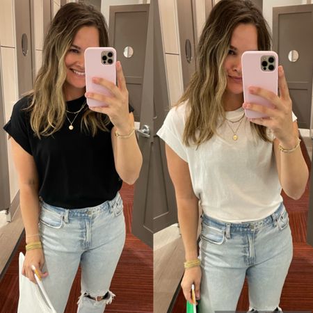 . Literally love these tees! $10 from target come in several pretty colors. Have plenty of length and roomy fit. I love tucking them in all the way around. 
.
#target #sharemytargetstyle #targetfinds #targetfashion #basicstyle #casualstyle #casualfashion 

#LTKunder50 #LTKFind #LTKsalealert