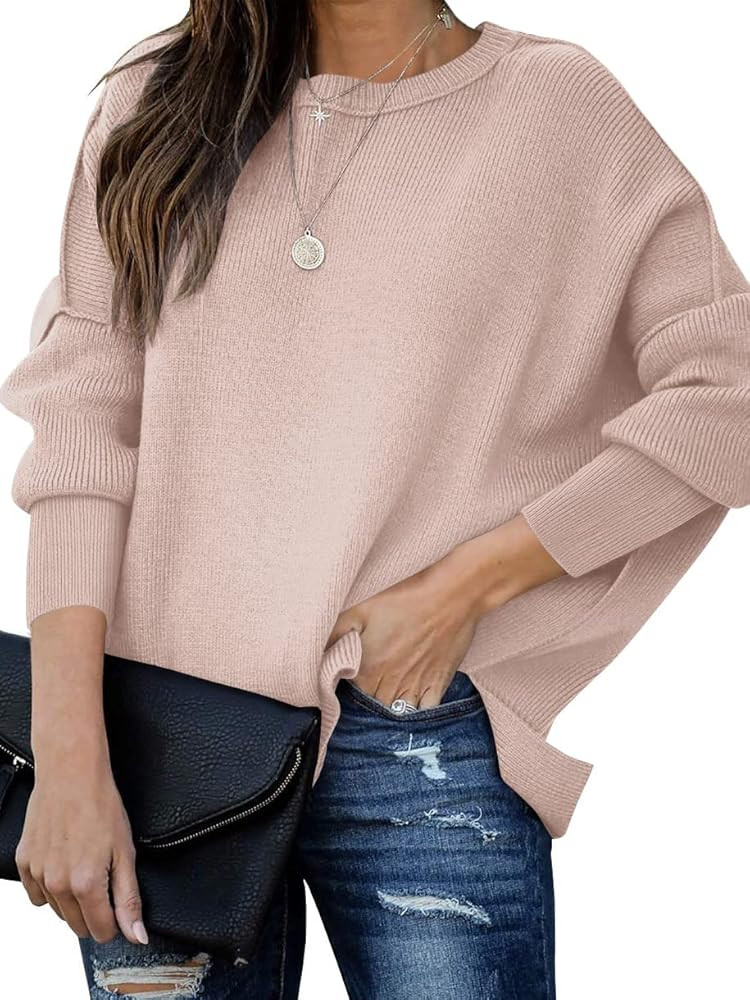 Prinbara Women Crewneck Batwing Sleeve Oversized Side Slit Ribbed Knit Pullover Sweater Top | Amazon (US)