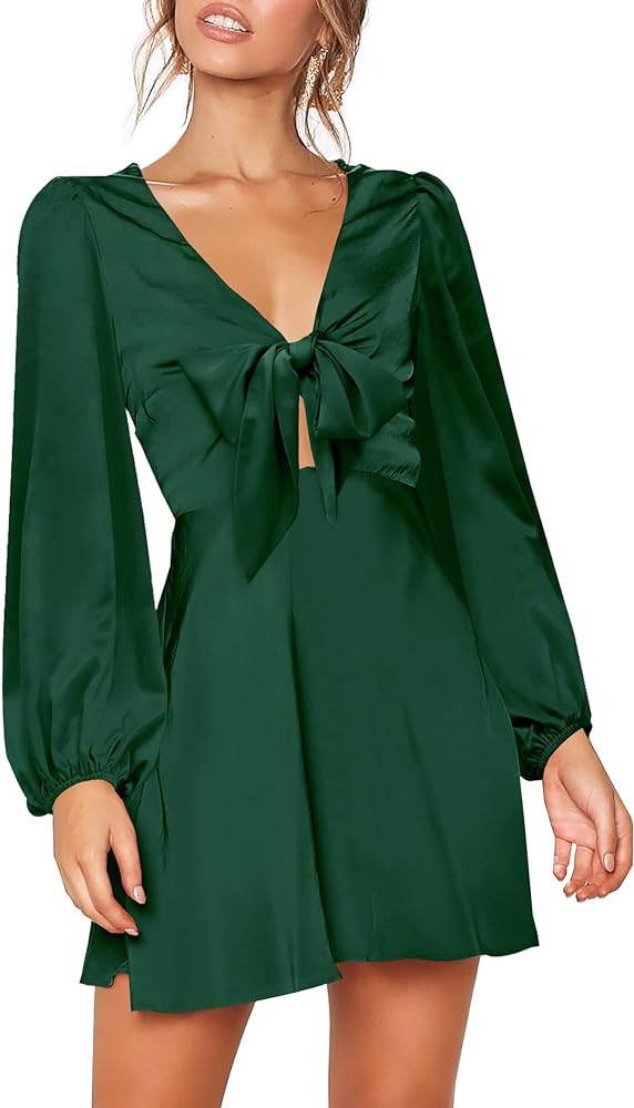 LEANI Women's 2023 Deep V Neck Satin Dress Long Puff Sleeve Tie Front A-line Cocktail Party Mini ... | Amazon (US)