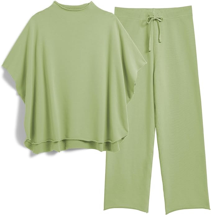 Women's Two Piece Outfits 3/4 Batwing Sleeve Capelet Crew Neck Pullover Top Wide Leg Pants Lounge... | Amazon (US)