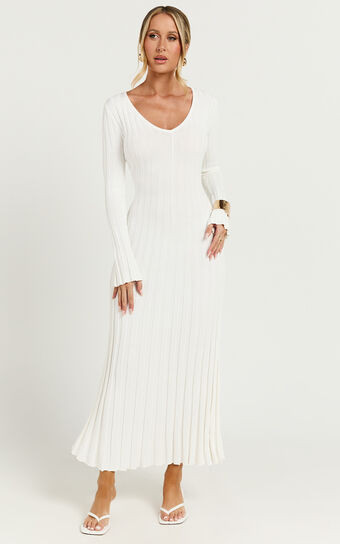 Astra Midi Dress - V Neck Long Sleeve Knit Dress in White | Showpo (US, UK & Europe)