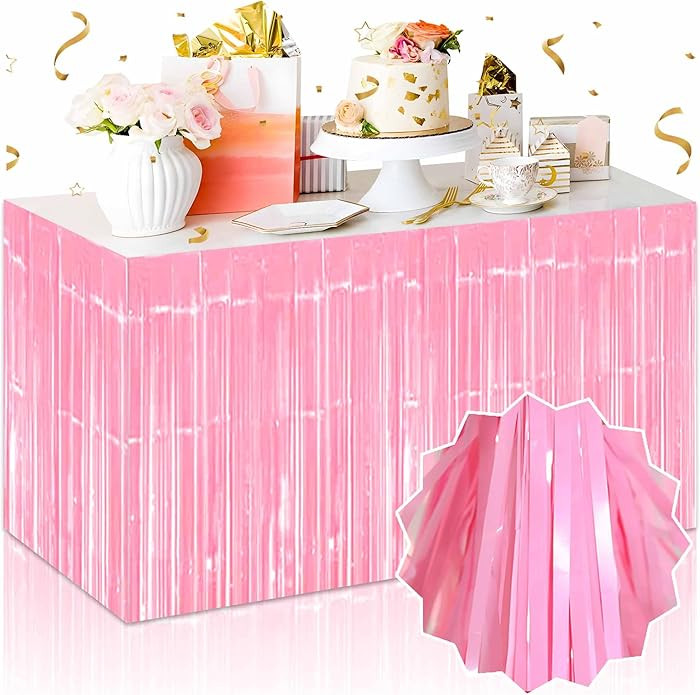 3 Pack 29 x108 Inch Macaron Pink Foil Fringe Table Skirts Metallic Banner for Tinsel Streamer Gar... | Amazon (US)