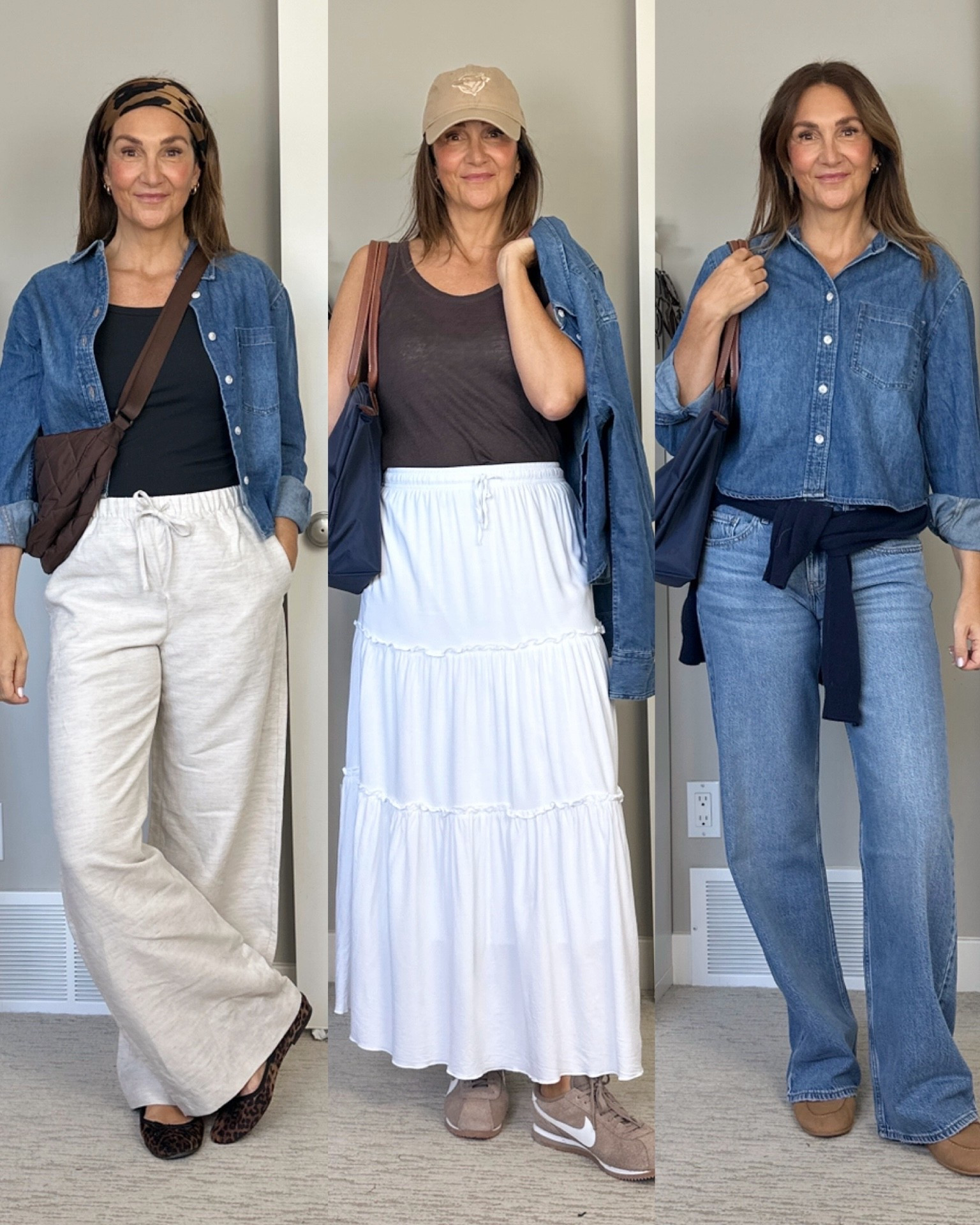 Spring Europe travel capsule, carry on only! I basically follow the travel sudoku method but I prefer a fresh top every day so I pack enough for a week and then if some are ok to rewear I do or I might wash a few. This is day 1-3 of daytime outfits. I’m 5’ 7” size 4ish wearing my usual size Small in the linen pants (in tall), S in the skirt and 27 in the jeans.
Tops also fit tts

#LTKOver40 #LTKootd #LTKTravel