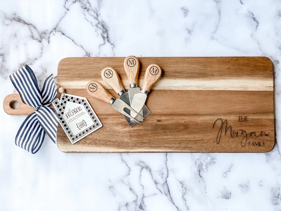 Custom Name Cutting Board, Charcuterie Home Closing Gift, Personalized Cheese Knives & Board, Rea... | Etsy (US)