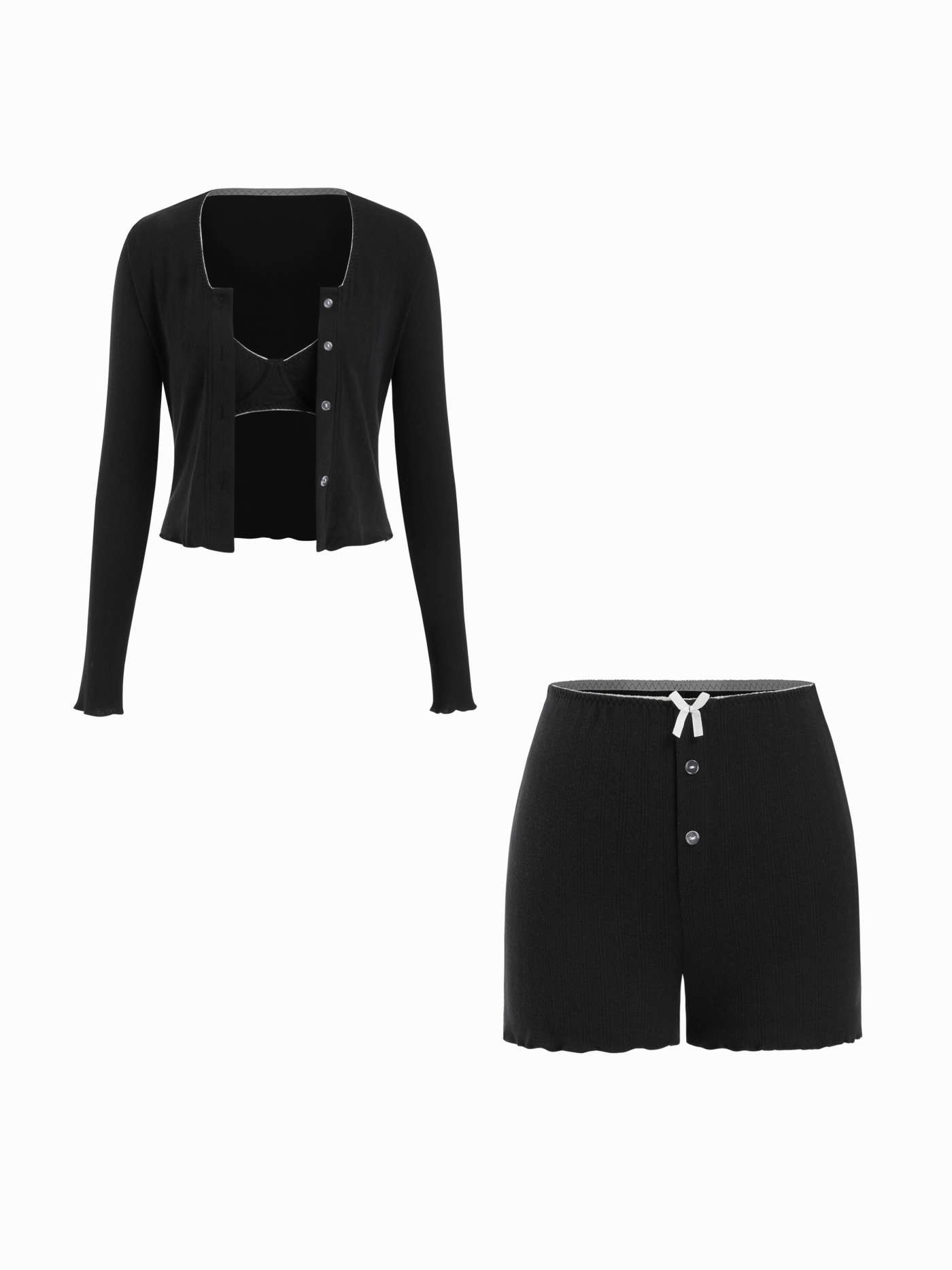 Knit Fabric 4 PCS Lettuce Trim Top & Mid Rise Bowknot Shorts Loungewear Set With Lingerie & Brief... | Cider