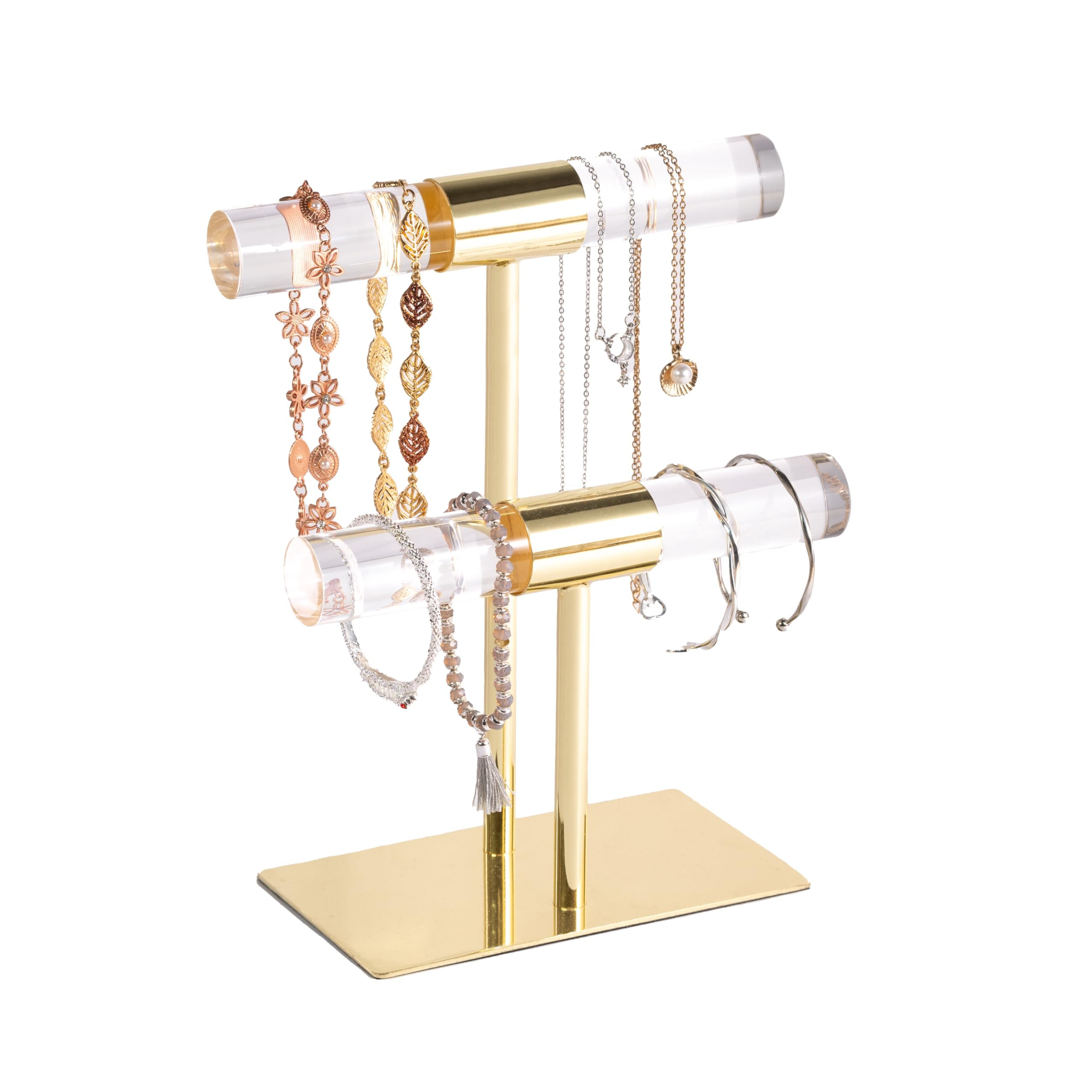 Soporte de joyería dorado y acrílico de 2 niveles, lindo organizador con barras brillantes para... | Amazon (US)