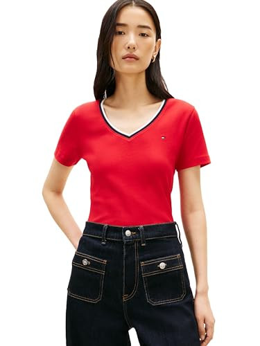Tommy Hilfiger Women's Ribbed Slim V-Neck RWB T-Shirt, Primary RED Large | Amazon (US)
