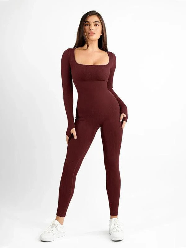 Shapewear Seamless Long Sleeve & Square Neck Sleeveless Jumpsuits - Long Sleeve Jumpsuit / Red / L | Popilush