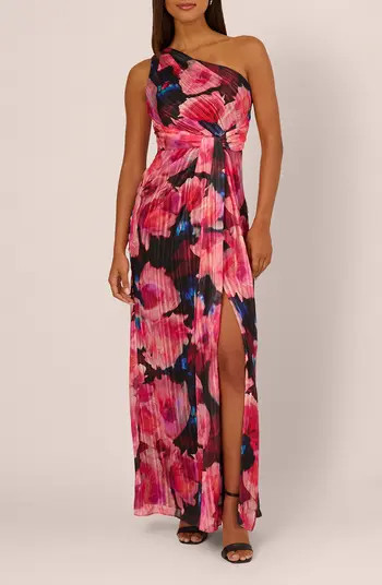 Pleated Floral One-Shoulder Chiffon Gown | Nordstrom