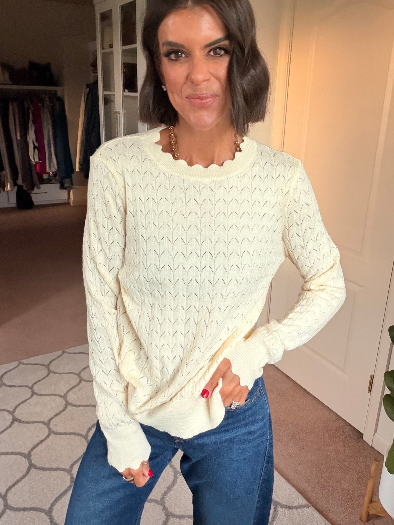 Size small in sweater size 24 in jeans