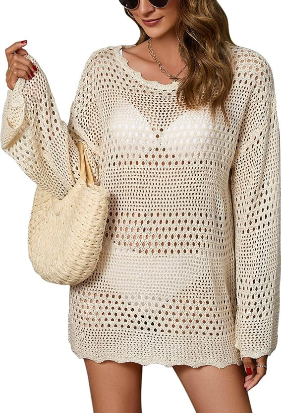 Beach Cover Ups, Bathing Suit Cover Up For Women Crochet Long Sleeve Hollow Out Shirt Dress | Amazon (US)