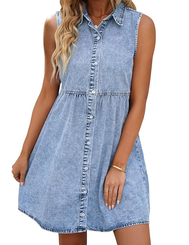 LookbookStore Denim Dress for Women Sleeveless Babydoll Button Down Short Jean Dresses Cute Summe... | Amazon (US)