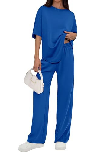 PRETTYGARDEN Women's Summer 2 Piece Lounge Set 2026 Short Sleeve Tops Wide Leg Pants Spring Vacation Travel Outfits Clothes (Blue,Small) | Amazon (US)