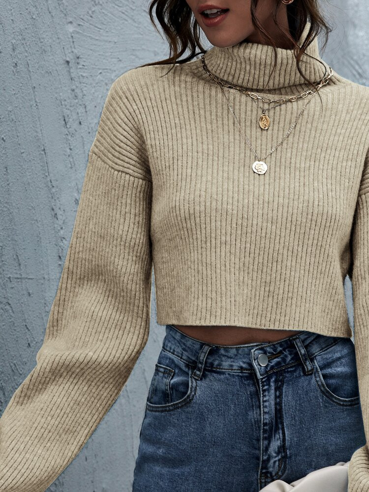 SHEIN Rolled Neck Drop Shoulder Crop Sweater | SHEIN