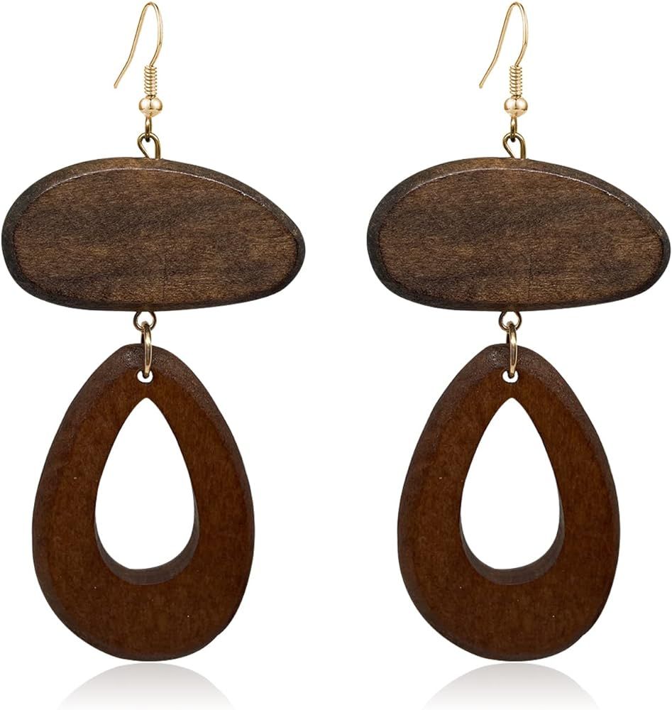 Fuvirou Bohemian Geometric Wooden Dangle Earrings Handmade Teardrop Oval Hollow Earrings Statemen... | Amazon (US)