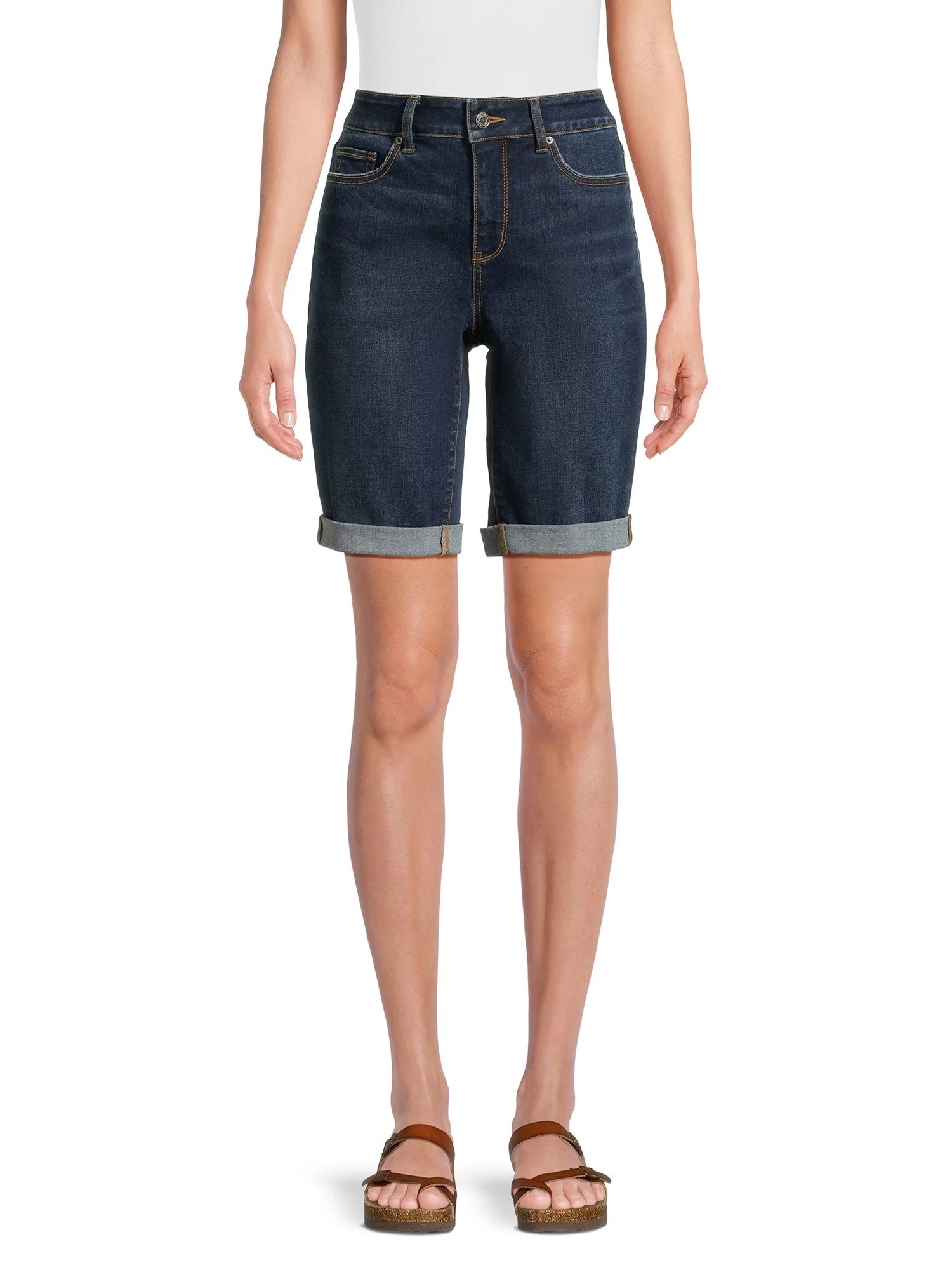 Time and Tru Women's Double Rolled Cuff Denim Bermuda Shorts, 10” Inseam, Sizes 2-20 | Walmart (US)