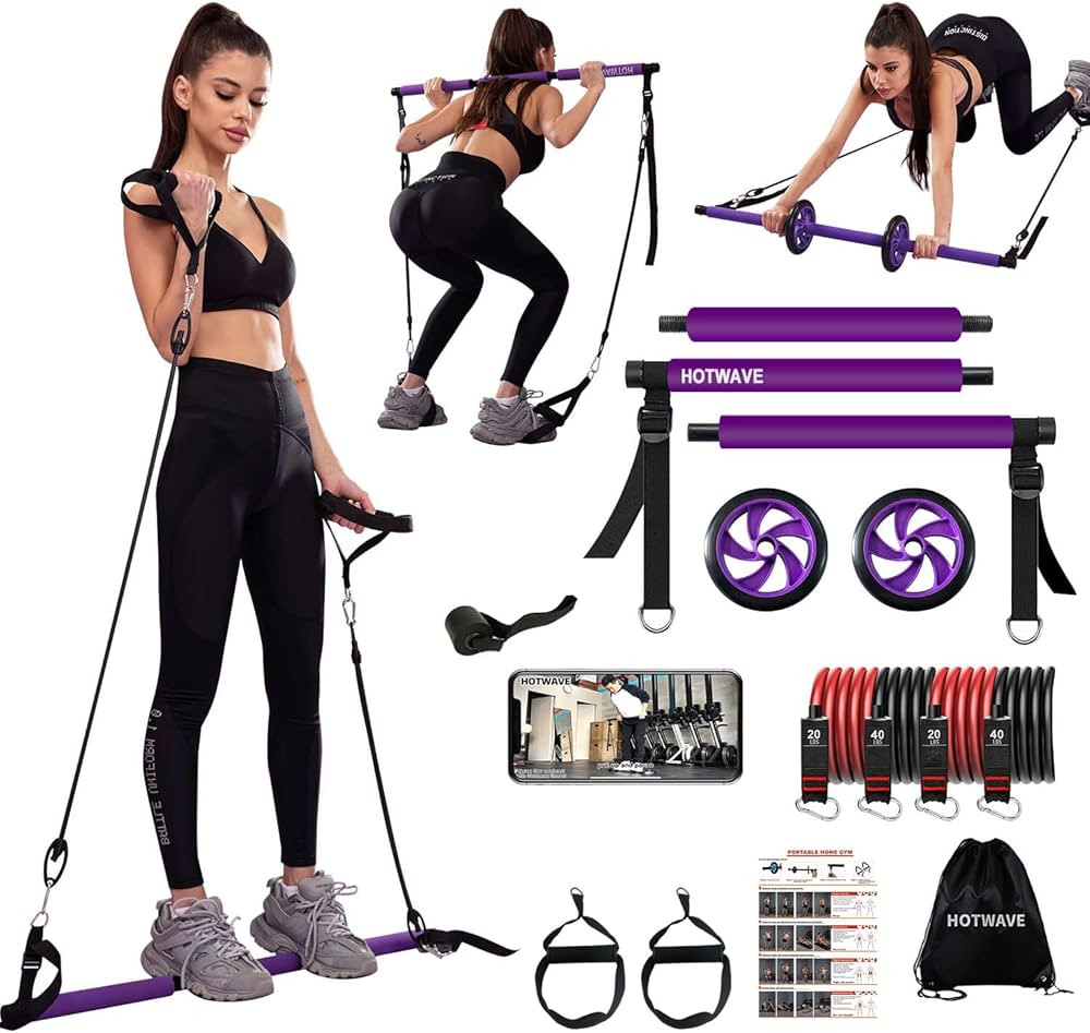 HOTWAVE Pilates Bar Kit with Resistance Bands. Fitness Bar with Ab Roller for Abs Workout. Squat ... | Amazon (US)