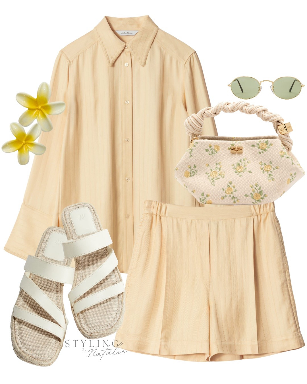 Summer co ord set with shorts, Buttery yellow soft Neutrals, 
A flowy matching set in buttery beige with a loose button-up and shorts, paired with crisp white sandals, a floral pouch bag, and pastel sunnies for a dreamy, breezy day out. Vacation outfit, holiday look 

#LTKuk #LTKsummer #LTKspring