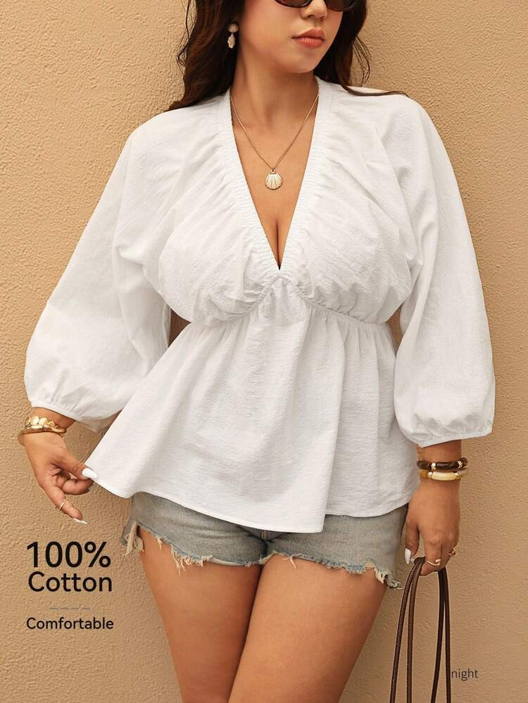 Elaquor Plus Size Casual V-Neck Lantern Sleeve Babydoll Blouse, Autumn White Boho Top Puff Women ... | SHEIN