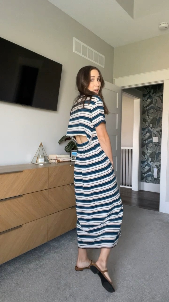 Dare I say it’s the perfect summer dress? Found at Nordstrom - true to size - three color options. Hits above the ankle (5’5”) and has a fun back cutout. More flattering than most tshirt dresses because of the slight cinch. Amazing! Under $75. #summerdress #maxidress #mididress #summeroutfit 

#LTKunder100 #LTKFestival #LTKFind