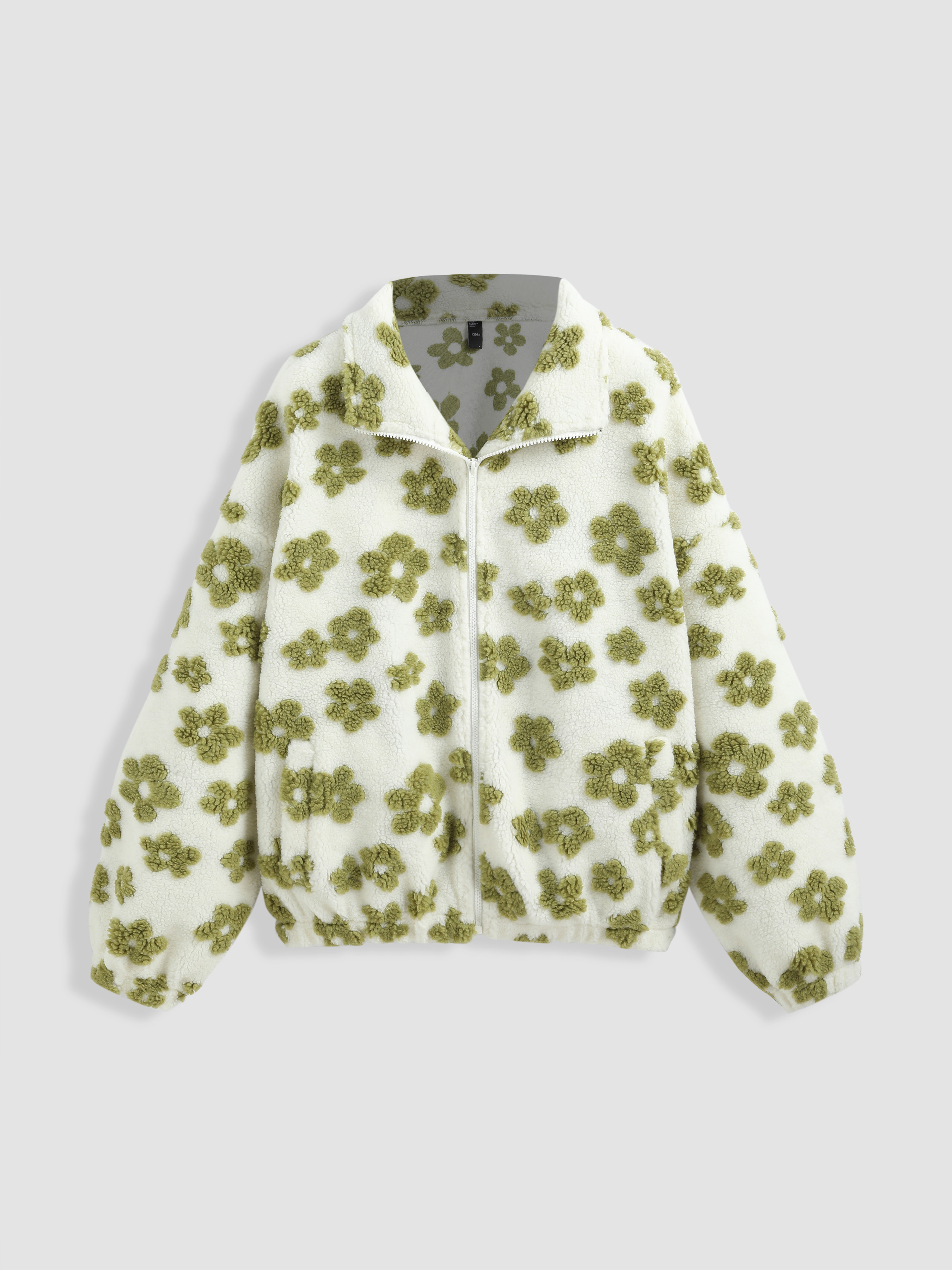 Fleece Fleece Collar Floral Zipper Jacket For Daily Casual | Cider