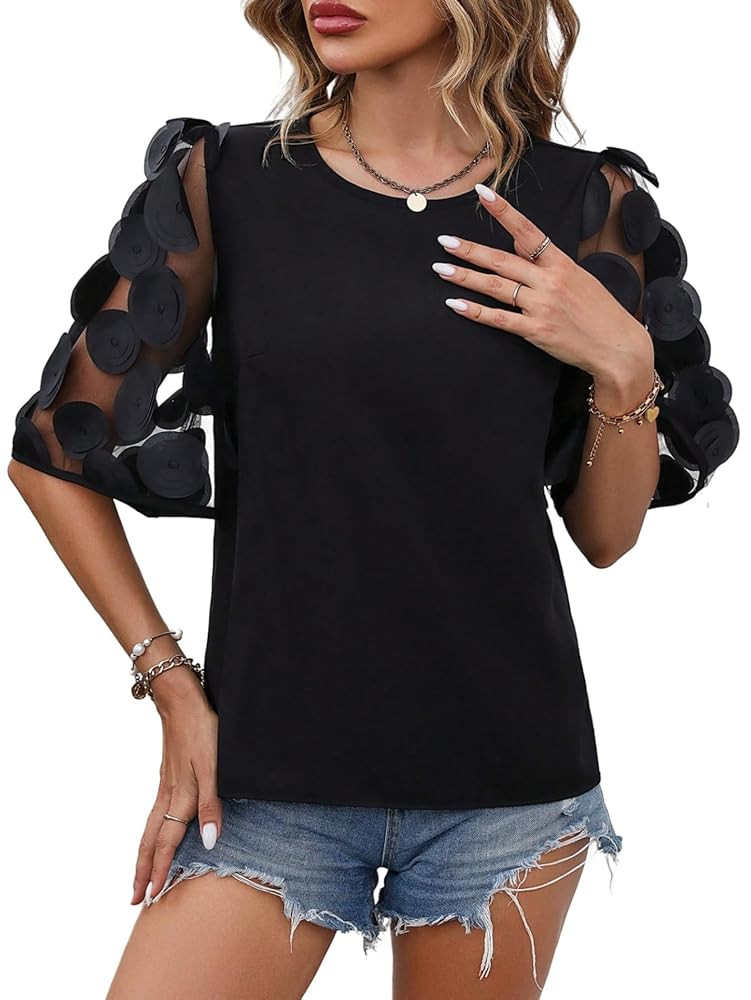 Floerns Women's Round Neck Half Sleeve Contrast Mesh Appliques Puff Sleeve Blouse Top | Amazon (US)