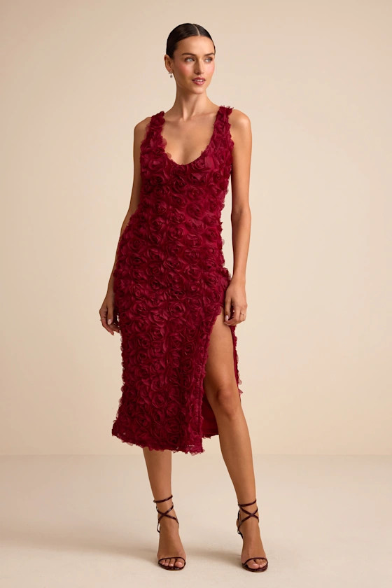 Aniston Wine Red Rosette Sleeveless Midi Dress | Lulus