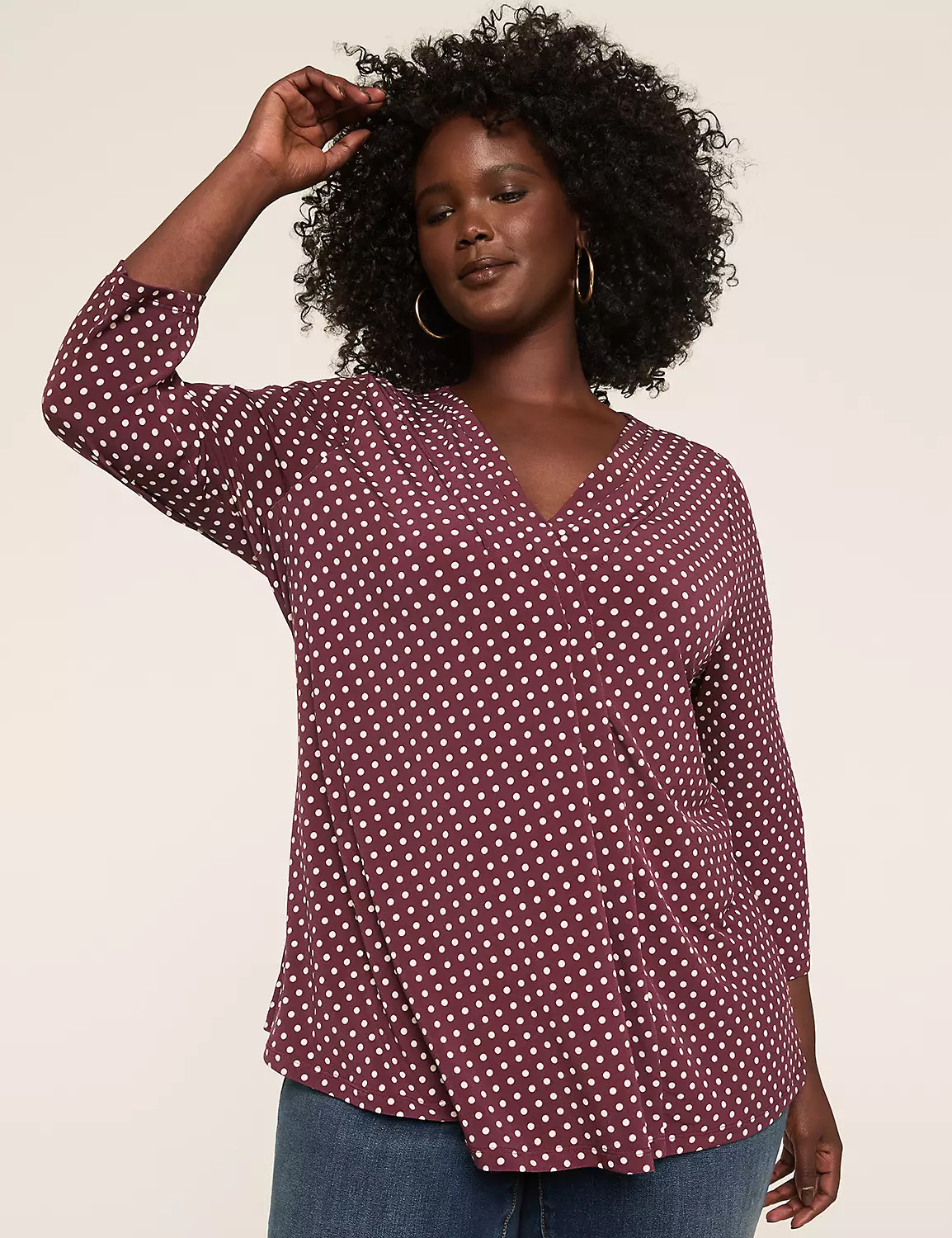 Swing 3/4-Sleeve Pleat-Front Top | LaneBryant Plus size fall fashion polka dot with blouse floral | Lane Bryant (US)
