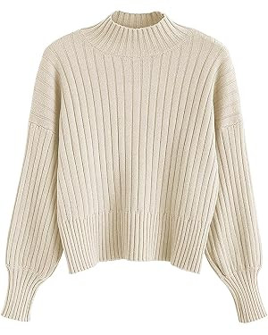 ZAFUL Women's Crew Neck Long Sleeve Pullover Crop Sweater Mock Neck Lantern Sleeve Ribbed Knit Cr... | Amazon (US)