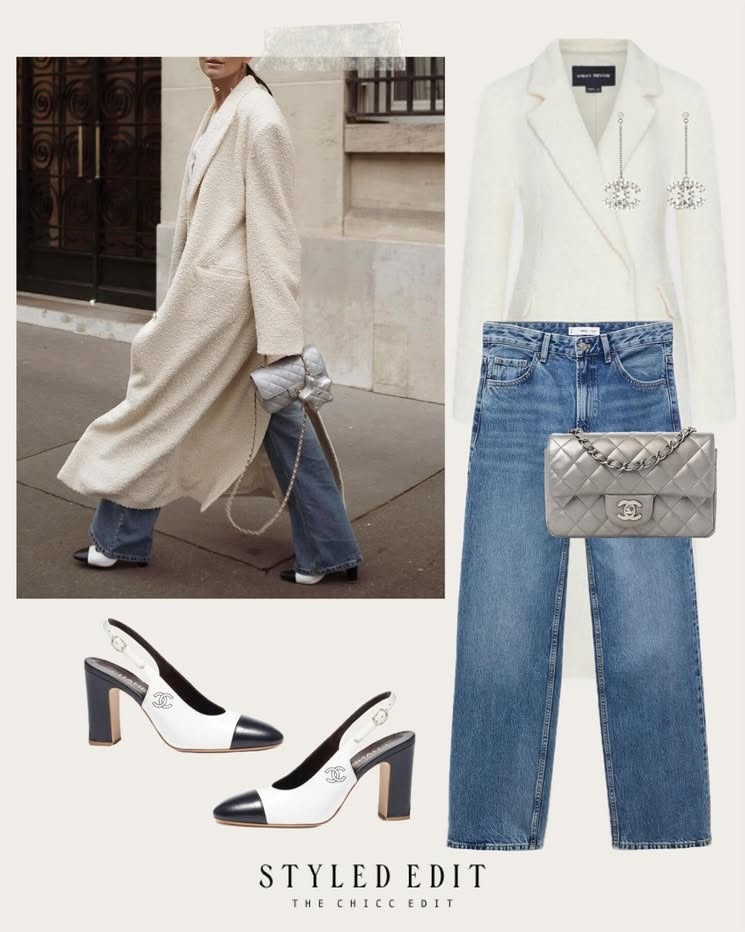 Shop the look 🩶

#outfit #chanel #dupe #jeans #heels handbag earrings coat necklace 

#LTKootd #LTKOver40 #LTKgrwm
