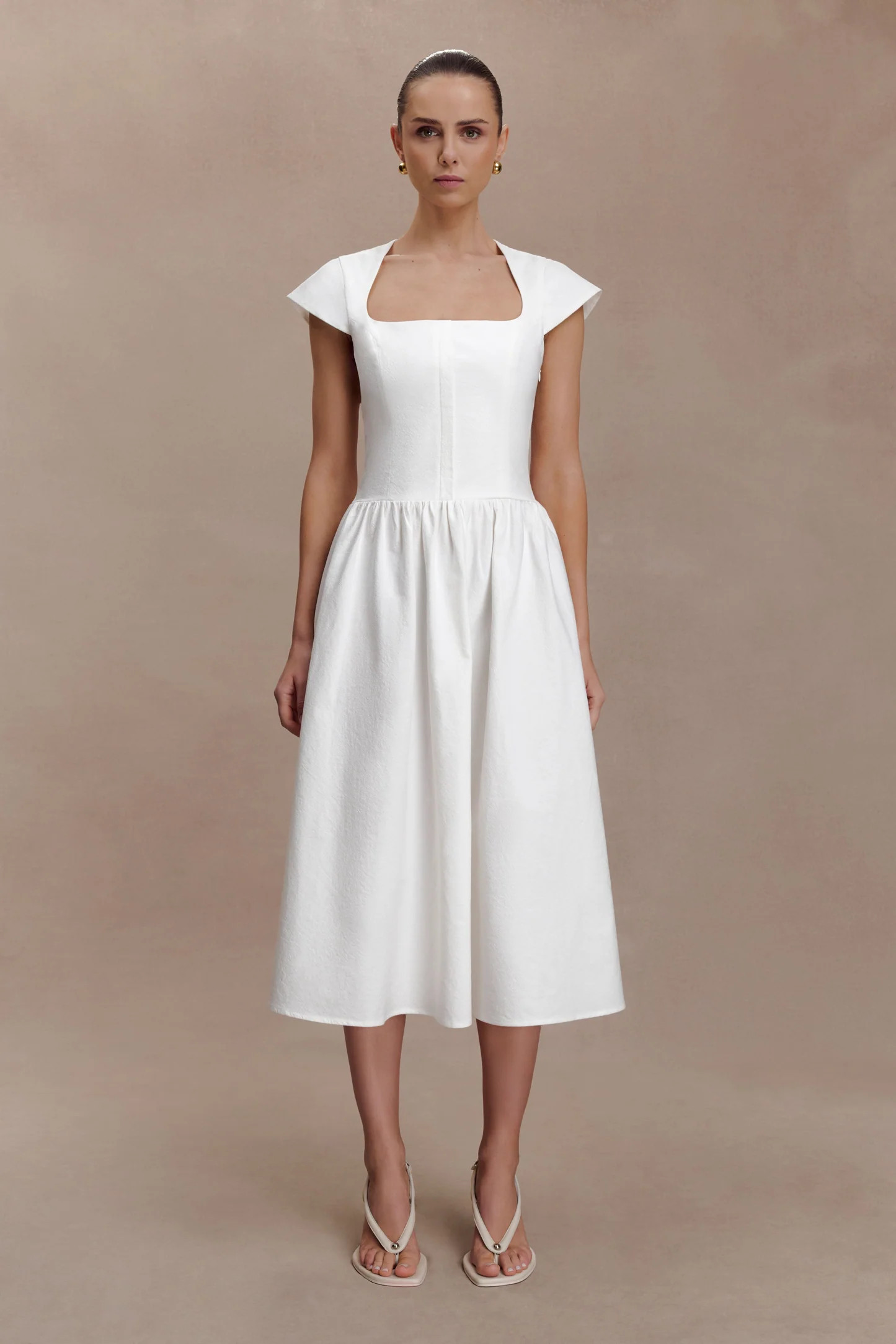 Ayla Cotton Fit And Flare Midi Dress - White | MESHKI US