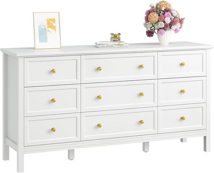 CARPETNAL White Dresser for Bedroom, 9 Drawer Dresser with Wide Drawers and Gold Metal Handles, 5... | Amazon (US)