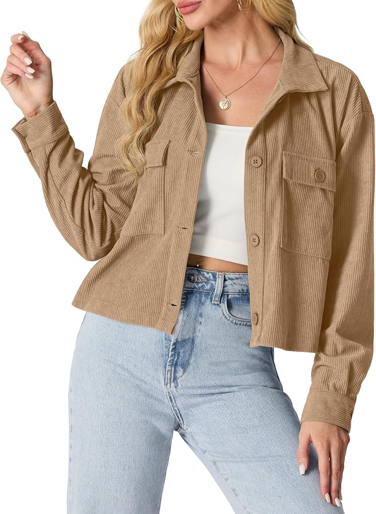 IWOLLENCE Women's Cropped Shacket Jacket Fashion Button Down Corduroy Shacket Jackets Casual Crop... | Amazon (US)