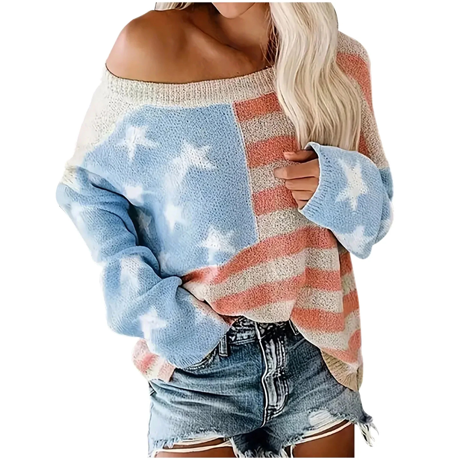 Women American Flag Sweater Off Shoulder Knit Sweatshirt Long Sleeve Pullovers Loose Winter Fall ... | Walmart (US)
