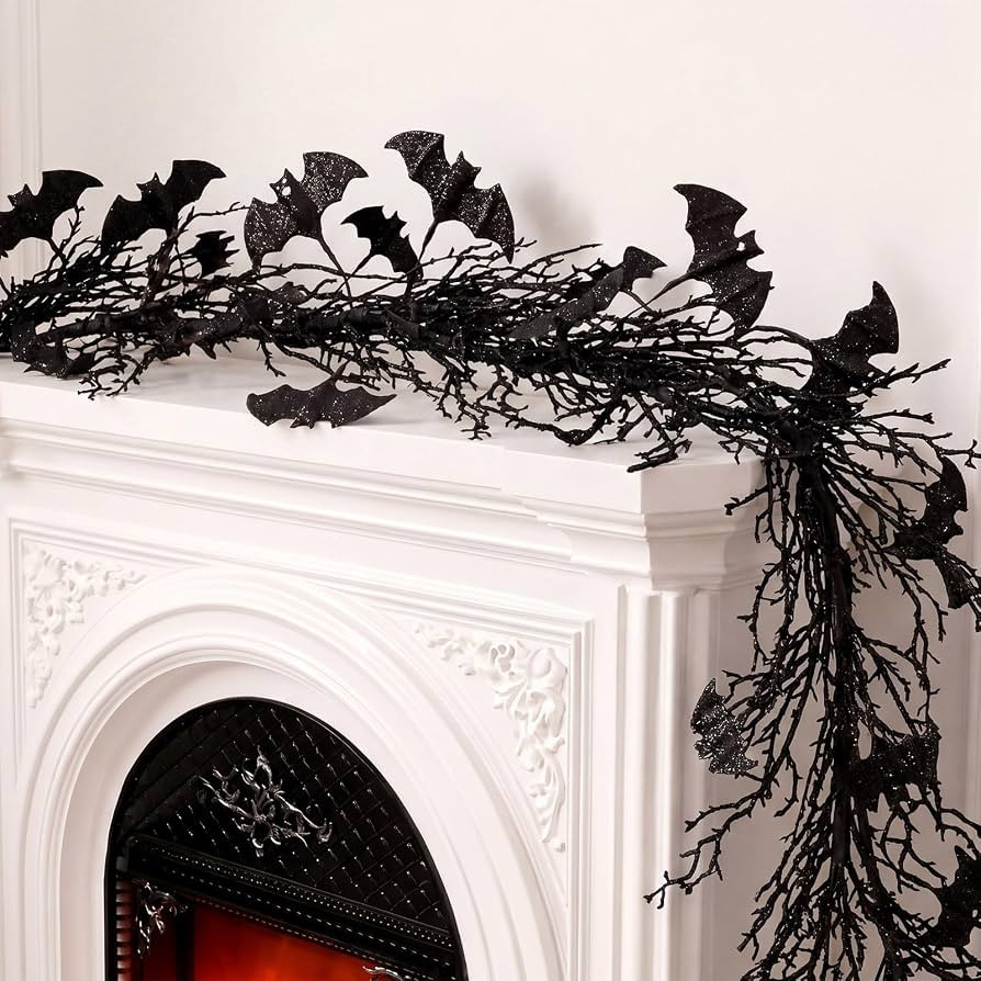 Riceshoot Halloween Garland for Mantle Fireplace Decor-6 ft Black Twig Garland with Bat Accents, ... | Amazon (US)