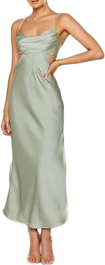 Fiemaoves Satin Silk Slip Backless Maxi Dress for Wedding Guest- Cut Out Cowl Neck Cocktail Long ... | Amazon (US)